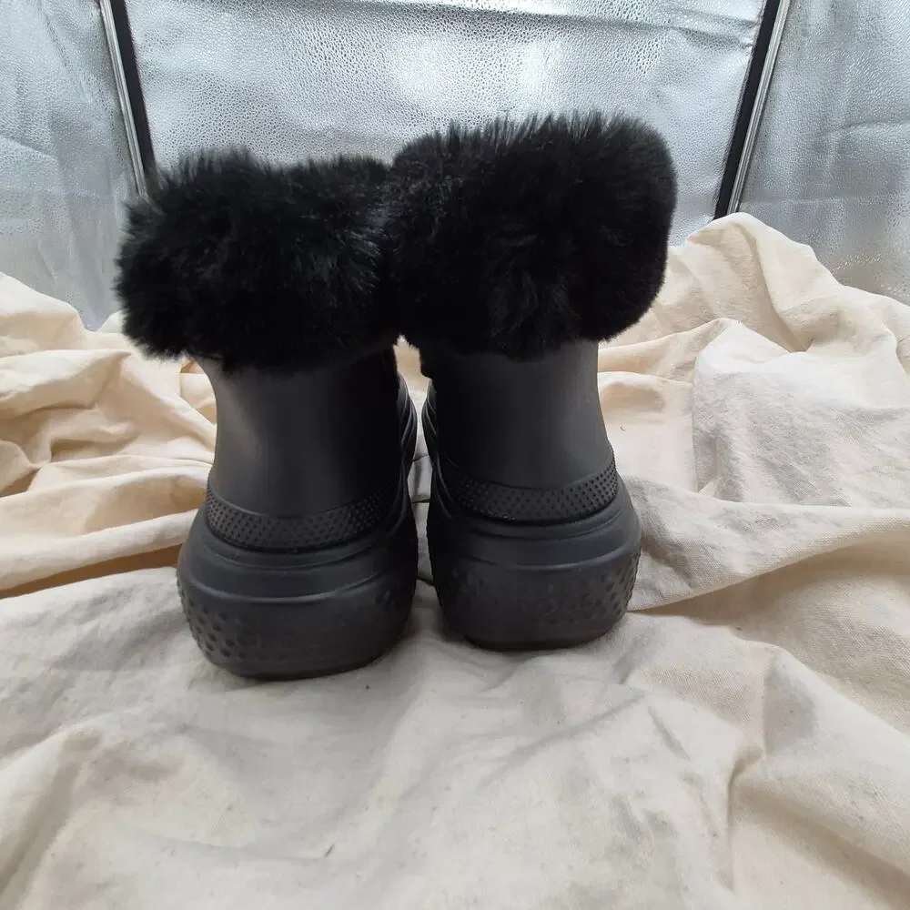 CROCS Black Platform Faux-Fur Lined Winter Rain Clogs - Picture 4 of 5